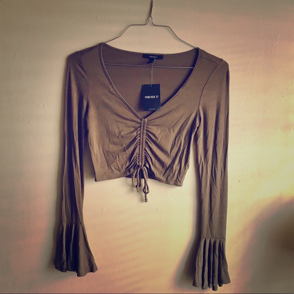 Olive Green Crop Top Long Sleeve Ruffles
